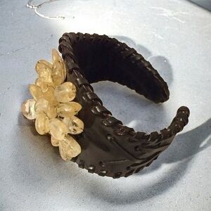 BOHO Handmade Black Leather Braided Cuff Bracelet with Citrine Stones